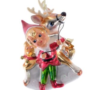 Retro Reindeer Elf Ornament- Glass